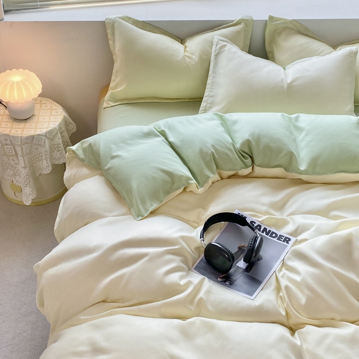 91家纺网 家纺一手货源 找家纺 米瑞娜 2024新款纯色双拼亲肤磨毛水洗棉四件套 芝士浅绿