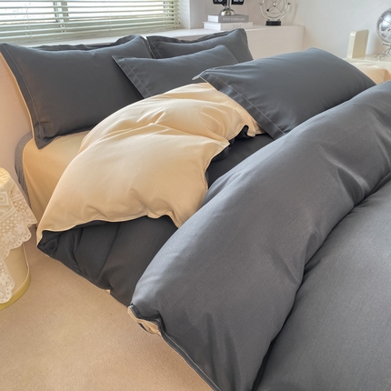 91家纺网 家纺一手货源 找家纺 米瑞娜 2024新款纯色双拼亲肤磨毛水洗棉四件套 中灰奶茶