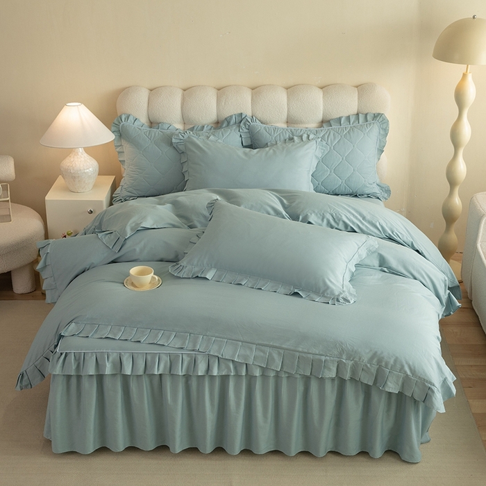 91家纺网 家纺一手货源 找家纺 2025新款A类全棉抗菌13372床裙系列全棉床裙四件套 浅兰