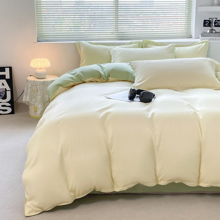 91家纺网 家纺一手货源 找家纺 米瑞娜 2024新款纯色双拼亲肤磨毛水洗棉四件套 芝士浅绿