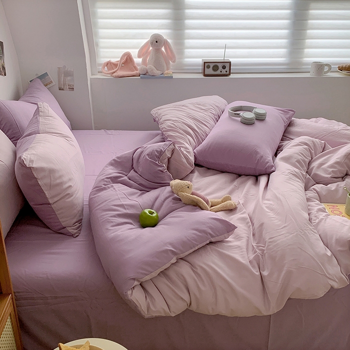 91家纺网 家纺一手货源 找家纺 优迈 2024新款ins风小红书同款纯色双拼水洗棉四件套亲肤加厚磨毛四件套混搭系列-单被套单床单单枕套单床笠 棚拍图 紫薯芋泥