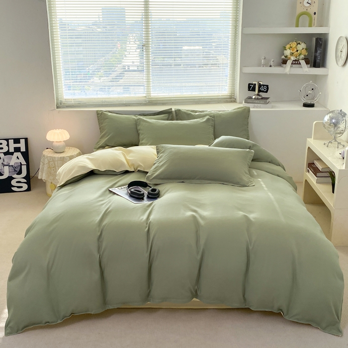 91家纺网 家纺一手货源 找家纺 米瑞娜 2024新款纯色双拼亲肤磨毛水洗棉四件套 抹茶奶油