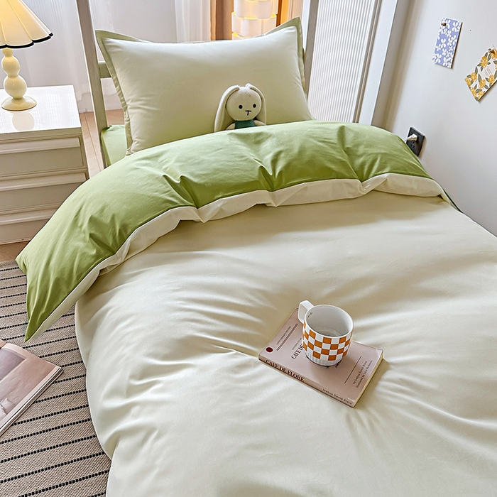 91家纺网 家纺一手货源 找家纺 棉造2024新款13372纯棉学生宿舍上下床套件全棉三件套六件套 奶油白+豆绿