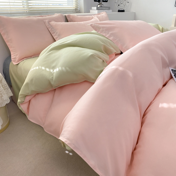 91家纺网 家纺一手货源 找家纺 米瑞娜 2024新款纯色双拼亲肤磨毛水洗棉四件套 奶粉浅玉