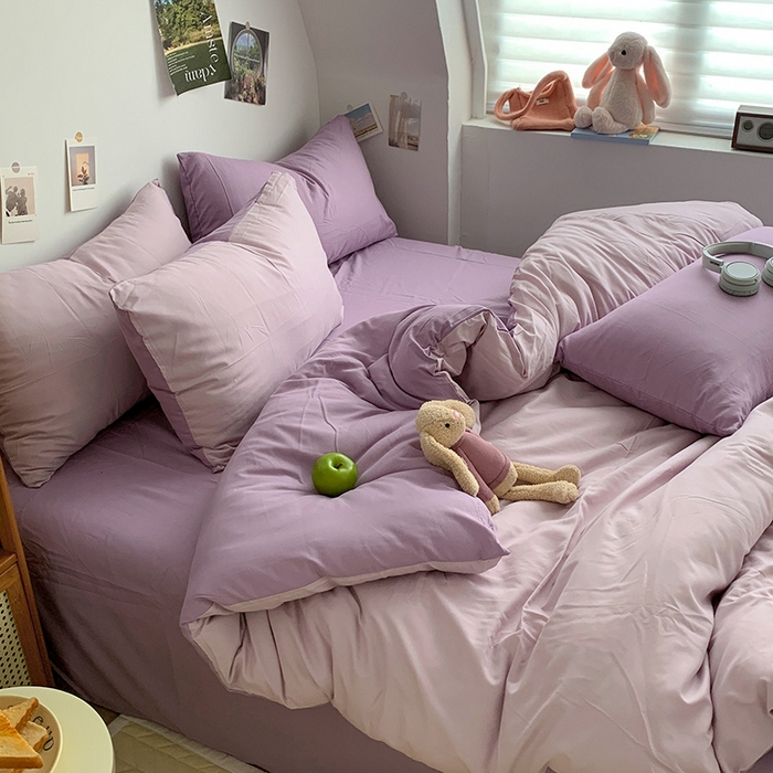 91家纺网 家纺一手货源 找家纺 优迈 2024新款ins风小红书同款纯色双拼水洗棉四件套亲肤加厚磨毛四件套混搭系列-单被套单床单单枕套单床笠 棚拍图 紫薯芋泥