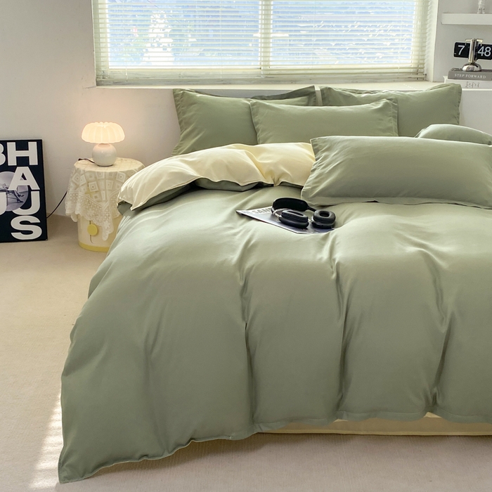 91家纺网 家纺一手货源 找家纺 米瑞娜 2024新款纯色双拼亲肤磨毛水洗棉四件套 抹茶奶油