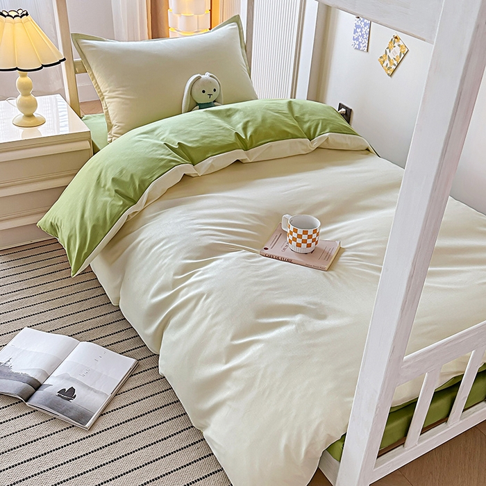 91家纺网 家纺一手货源 找家纺 棉造2024新款13372纯棉学生宿舍上下床套件全棉三件套六件套 奶油白+豆绿