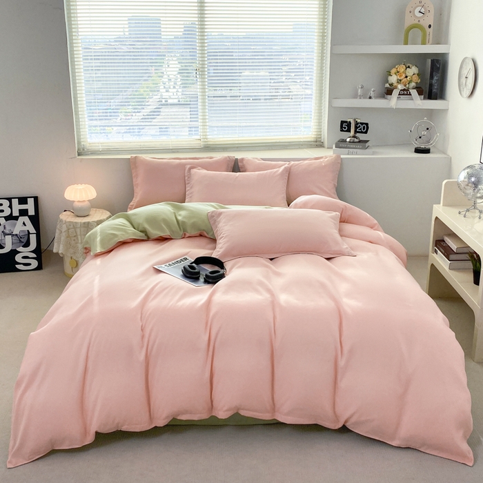 91家纺网 家纺一手货源 找家纺 米瑞娜 2024新款纯色双拼亲肤磨毛水洗棉四件套 奶粉浅玉