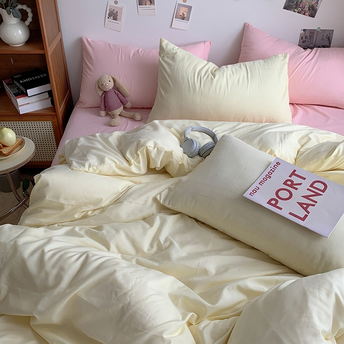 91家纺网 家纺一手货源 找家纺 优迈 2024新款ins风小红书同款纯色双拼水洗棉四件套亲肤加厚磨毛四件套混搭系列-单被套单床单单枕套单床笠 棚拍图 芝士粉桃