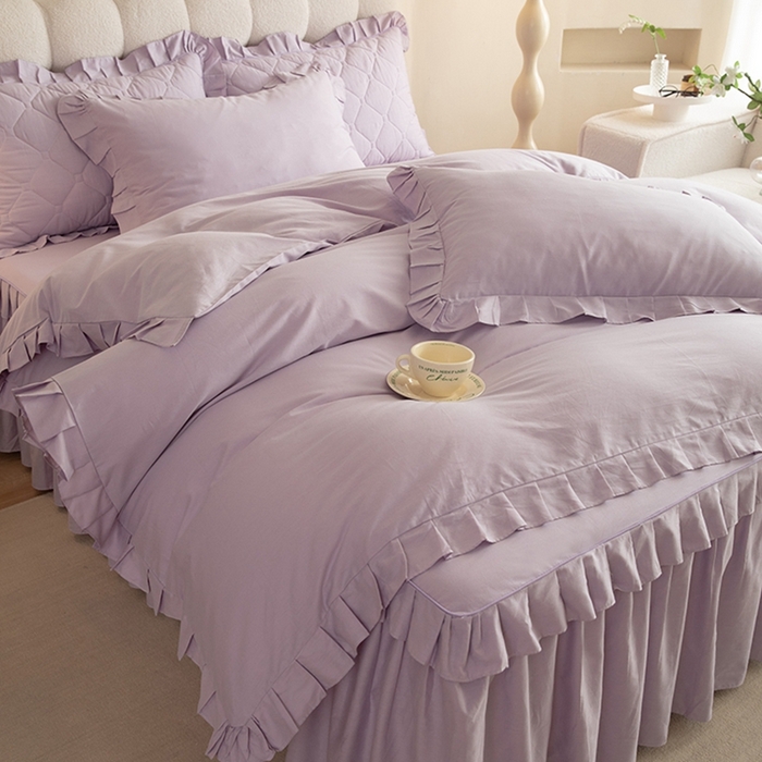 91家纺网 家纺一手货源 找家纺 2025新款A类全棉抗菌13372床裙系列全棉床裙四件套 灰紫