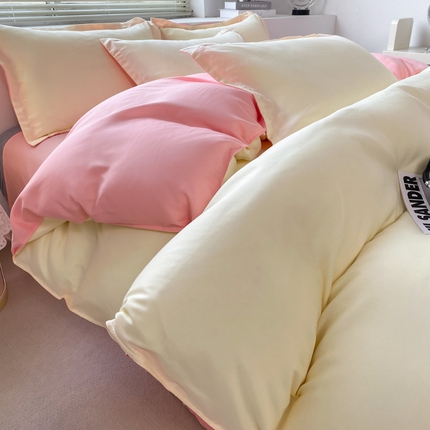 91家纺网 家纺一手货源 找家纺 米瑞娜 2024新款纯色双拼亲肤磨毛水洗棉四件套 米黄浅玉