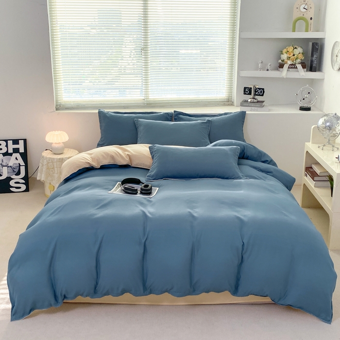 91家纺网 家纺一手货源 找家纺 米瑞娜 2024新款纯色双拼亲肤磨毛水洗棉四件套 海蓝奶茶