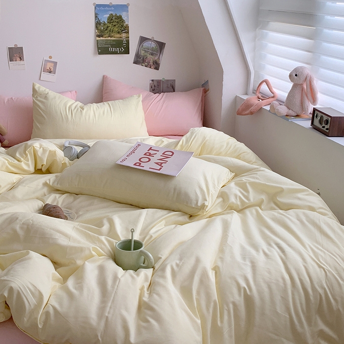91家纺网 家纺一手货源 找家纺 优迈 2024新款ins风小红书同款纯色双拼水洗棉四件套亲肤加厚磨毛四件套混搭系列-单被套单床单单枕套单床笠 棚拍图 芝士粉桃