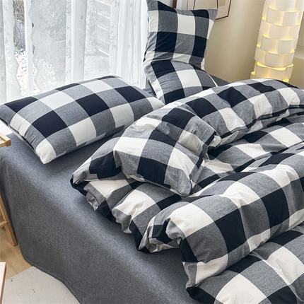 91家纺网 家纺一手货源 找家纺 青螺家纺 2024全棉水洗棉双面色织条纹简约三件套四件套枕套床单 (支持一件定制) 简黑白格