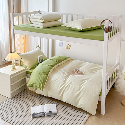 棉造2024新款13372纯棉学生宿舍上下床套件全棉三件套六件套 奶油白+豆绿