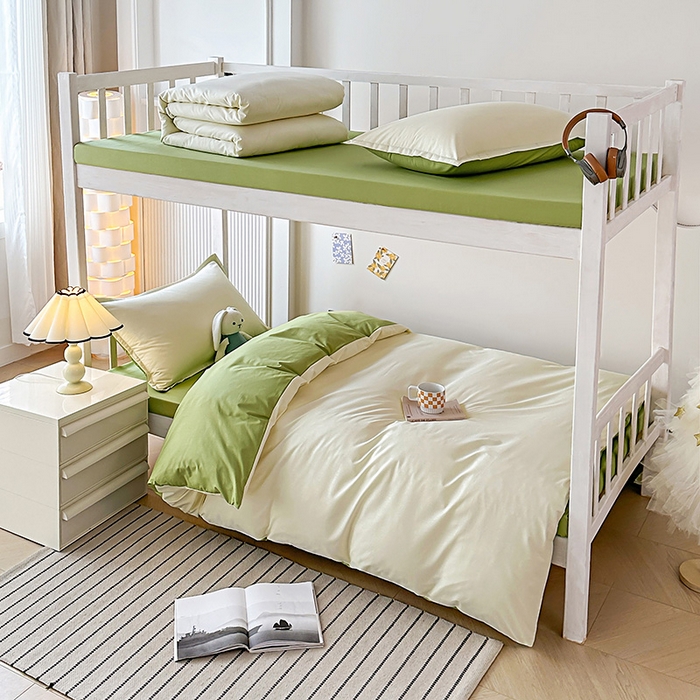 91家纺网 家纺一手货源 找家纺 棉造2024新款13372纯棉学生宿舍上下床套件全棉三件套六件套 奶油白+豆绿