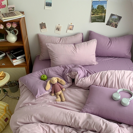 91家纺网 家纺一手货源 找家纺 （总）优迈 2024新款ins风小红书同款纯色双拼水洗棉四件套亲肤加厚磨毛四件套混搭系列-单被套单床单单枕套单床笠 棚拍图