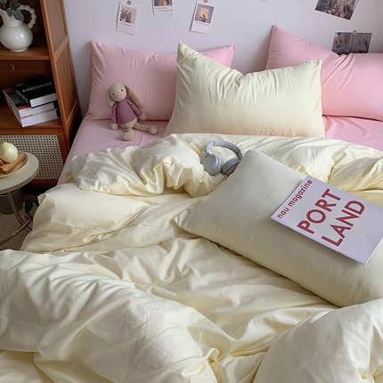 91家纺网 家纺一手货源 找家纺 （总）优迈 2024新款ins风小红书同款纯色双拼水洗棉四件套亲肤加厚磨毛四件套混搭系列-单被套单床单单枕套单床笠 棚拍图