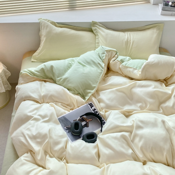 91家纺网 家纺一手货源 找家纺 米瑞娜 2024新款纯色双拼亲肤磨毛水洗棉四件套 芝士浅绿