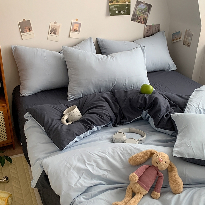 91家纺网 家纺一手货源 找家纺 优迈 2024新款ins风小红书同款纯色双拼水洗棉四件套亲肤加厚磨毛四件套混搭系列-单被套单床单单枕套单床笠 棚拍图 海蓝灰