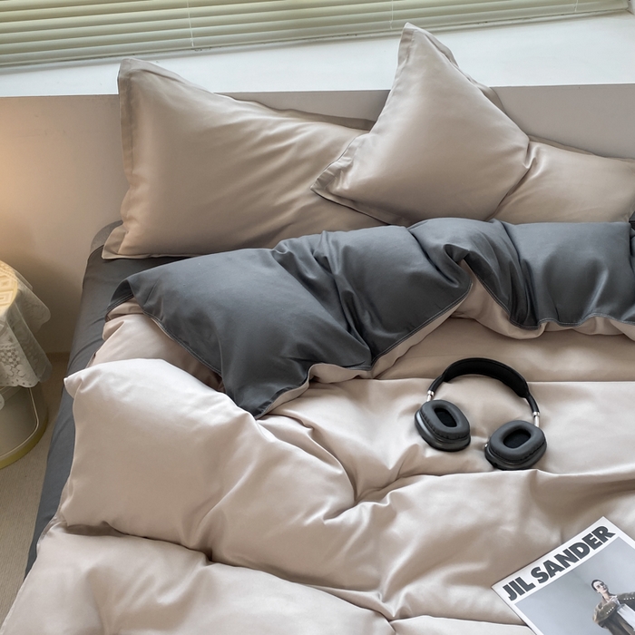 91家纺网 家纺一手货源 找家纺 米瑞娜 2024新款纯色双拼亲肤磨毛水洗棉四件套 米白灰