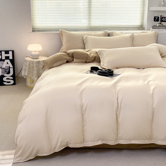 91家纺网 家纺一手货源 找家纺 米瑞娜 2024新款纯色双拼亲肤磨毛水洗棉四件套 杏色米咖