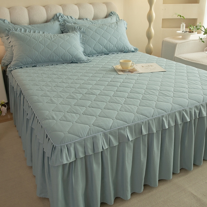 91家纺网 家纺一手货源 找家纺 2025新款A类全棉抗菌13372床裙系列全棉床裙 浅兰