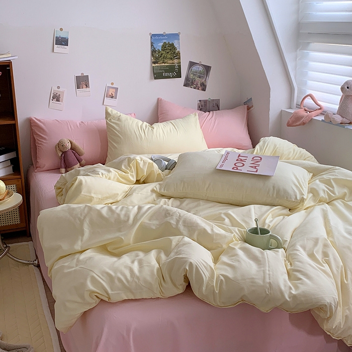 91家纺网 家纺一手货源 找家纺 优迈 2024新款ins风小红书同款纯色双拼水洗棉四件套亲肤加厚磨毛四件套混搭系列-单被套单床单单枕套单床笠 棚拍图 芝士粉桃