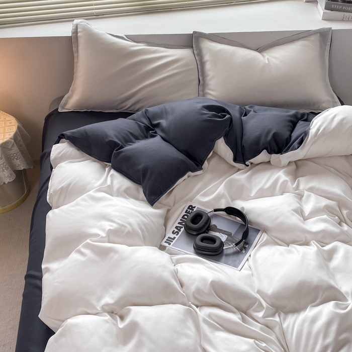 91家纺网 家纺一手货源 找家纺 米瑞娜 2024新款纯色双拼亲肤磨毛水洗棉四件套 白蓝黑