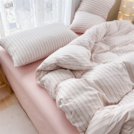 青螺家纺 2024全棉水洗棉双面色织条纹简约三件套四件套枕套床单 (支持一件定制) 简条纹粉