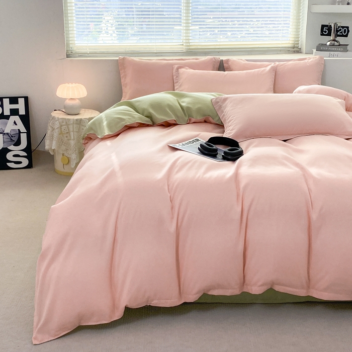 91家纺网 家纺一手货源 找家纺 米瑞娜 2024新款纯色双拼亲肤磨毛水洗棉四件套 奶粉浅玉