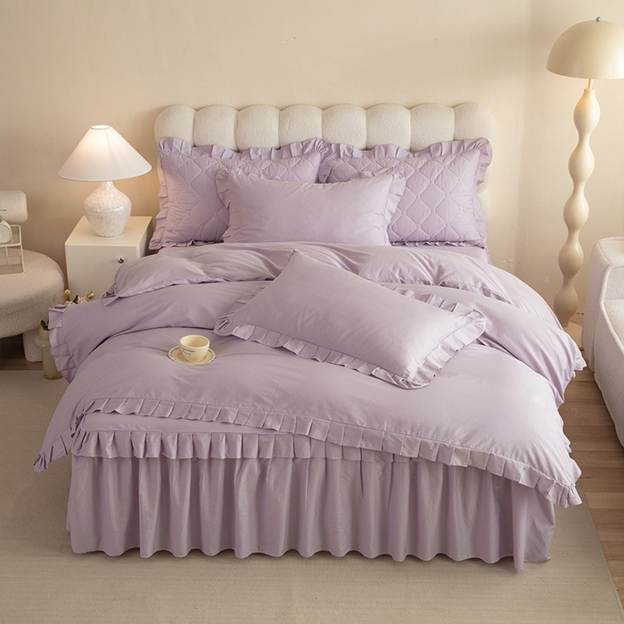 91家纺网 家纺一手货源 找家纺 2025新款A类全棉抗菌13372床裙系列全棉床裙四件套 灰紫