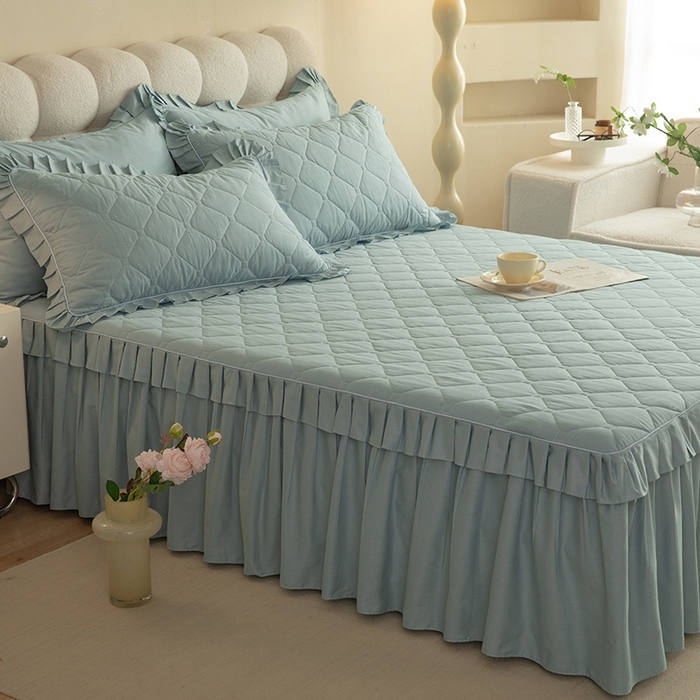 91家纺网 家纺一手货源 找家纺 2025新款A类全棉抗菌13372床裙系列全棉床裙 浅兰