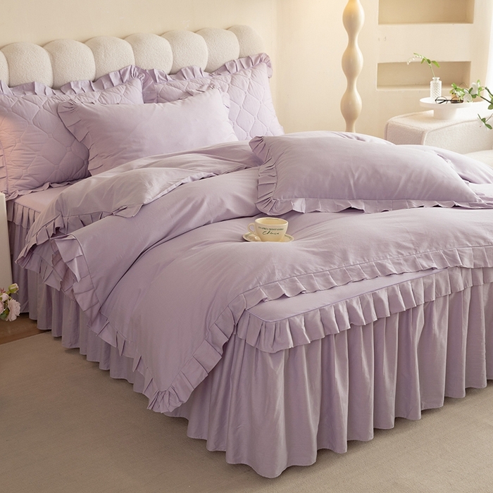 91家纺网 家纺一手货源 找家纺 2025新款A类全棉抗菌13372床裙系列全棉床裙四件套 灰紫