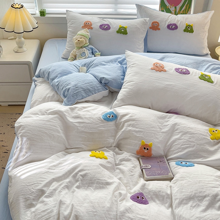 91家纺网 家纺一手货源 找家纺 韩巢家纺 2024热款超柔水洗棉毛巾绣单件被套-小精灵系列（提供精美卖家秀 ） 小精灵白蓝