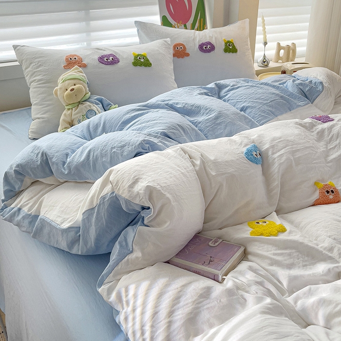 91家纺网 家纺一手货源 找家纺 韩巢家纺 2024热款超柔水洗棉毛巾绣单件被套-小精灵系列（提供精美卖家秀 ） 小精灵白蓝
