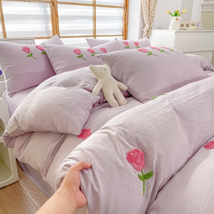 91家纺网 家纺一手货源 找家纺 （总）韩秀家纺 2025超柔加厚水洗棉四件套毛巾绣爱心玫瑰系列云朵棉亲肤床笠刺绣花