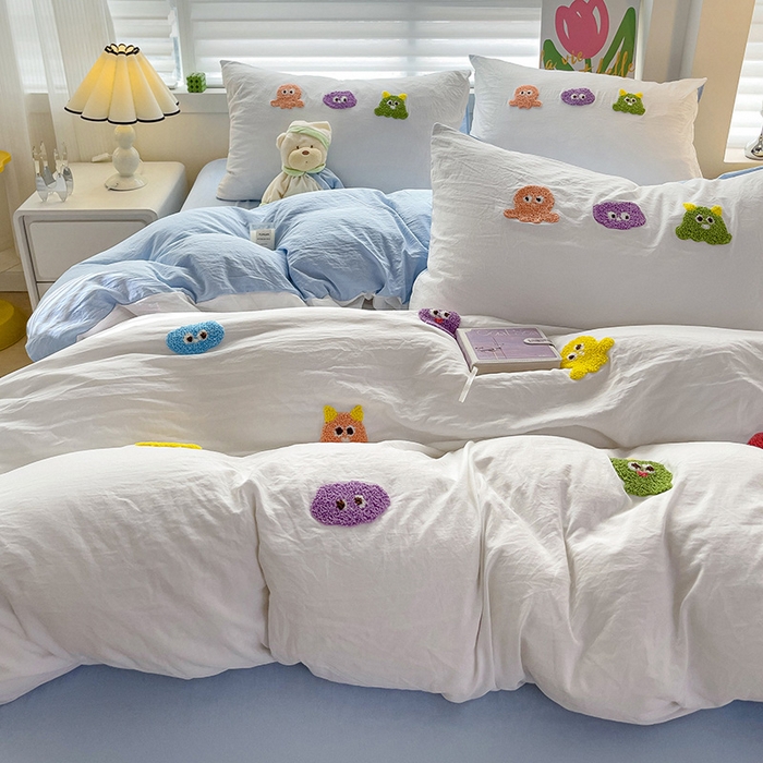 91家纺网 家纺一手货源 找家纺 韩巢家纺 2024热款超柔水洗棉毛巾绣单件被套-小精灵系列（提供精美卖家秀 ） 小精灵白蓝