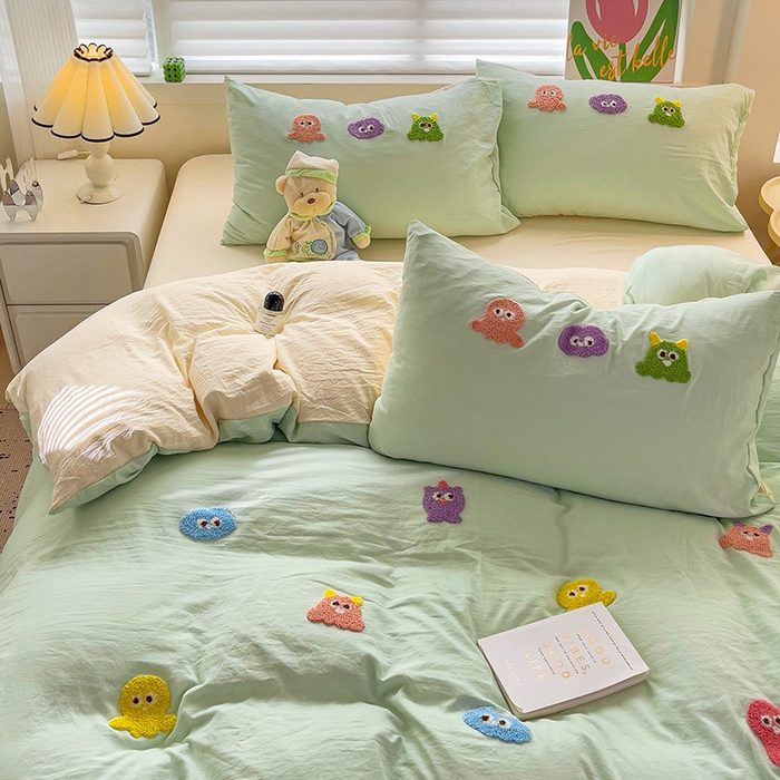 91家纺网 家纺一手货源 找家纺 韩巢家纺 2024热款超柔水洗棉毛巾绣床上用品四件套学生宿舍三件套-小精灵系列（提供精美卖家秀 ） 小精灵浅黄绿