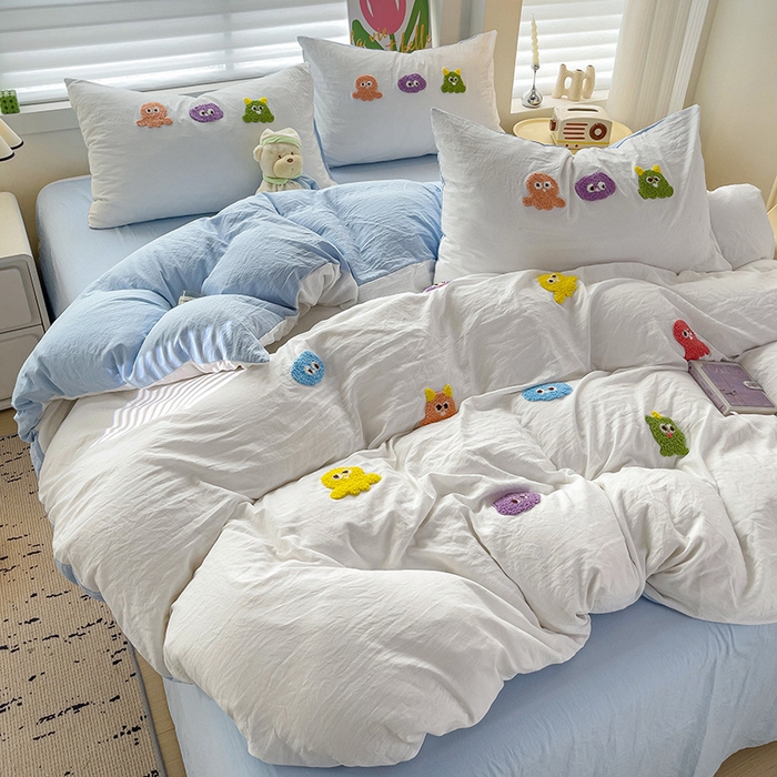 91家纺网 家纺一手货源 找家纺 韩巢家纺 2024热款超柔水洗棉毛巾绣单件被套-小精灵系列（提供精美卖家秀 ） 小精灵白蓝