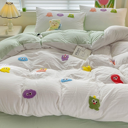韩巢家纺 2024热款超柔水洗棉毛巾绣床上用品四件套学生宿舍三件套-小精灵系列（提供精美卖家秀 ） 小精灵白绿
