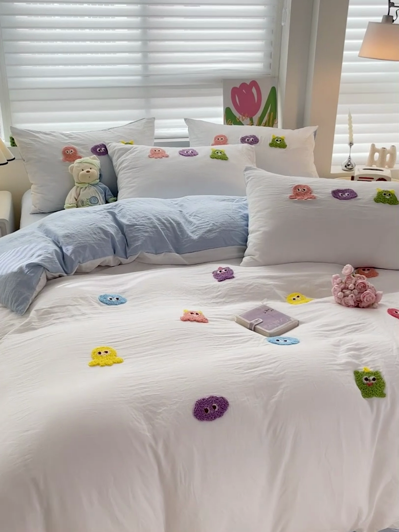 91家纺网 家纺一手货源 找家纺 韩巢家纺 2024热款超柔水洗棉毛巾绣单件被套-小精灵系列（提供精美卖家秀 ） 小精灵白蓝