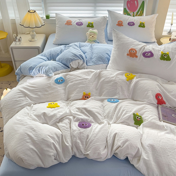 91家纺网 家纺一手货源 找家纺 韩巢家纺 2024热款超柔水洗棉毛巾绣单件被套-小精灵系列（提供精美卖家秀 ） 小精灵白蓝