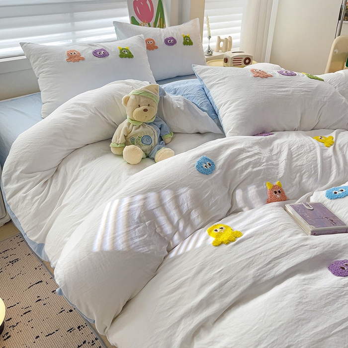 91家纺网 家纺一手货源 找家纺 韩巢家纺 2024热款超柔水洗棉毛巾绣单件被套-小精灵系列（提供精美卖家秀 ） 小精灵白蓝