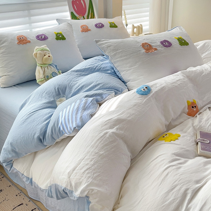 91家纺网 家纺一手货源 找家纺 韩巢家纺 2024热款超柔水洗棉毛巾绣单件被套-小精灵系列（提供精美卖家秀 ） 小精灵白蓝