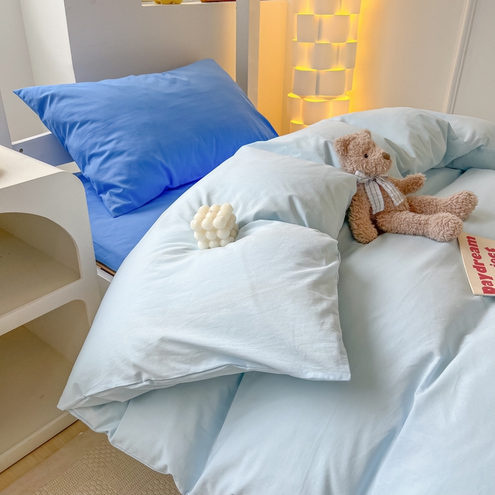 91家纺网 家纺一手货源 找家纺 盼季家纺 2024新款无印风格子纯色水洗棉床单被套学生宿舍三件套床上用品四件套 克莱因蓝