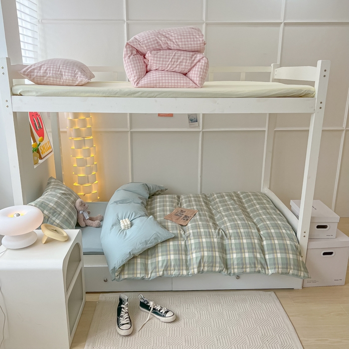 91家纺网 家纺一手货源 找家纺 盼季家纺 2024新款无印风格子纯色水洗棉床单被套学生宿舍三件套床上用品四件套 简昔绿