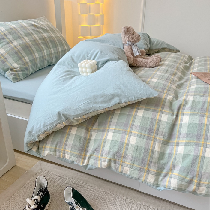 91家纺网 家纺一手货源 找家纺 盼季家纺 2024新款无印风格子纯色水洗棉床单被套学生宿舍三件套床上用品四件套 简昔绿