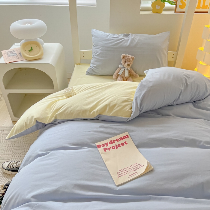 91家纺网 家纺一手货源 找家纺 盼季家纺 2024新款无印风格子纯色水洗棉床单被套学生宿舍三件套床上用品四件套 蓝芝士双拼