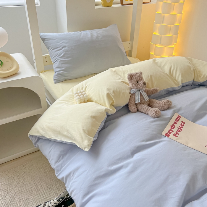 91家纺网 家纺一手货源 找家纺 盼季家纺 2024新款无印风格子纯色水洗棉床单被套学生宿舍三件套床上用品四件套 蓝芝士双拼